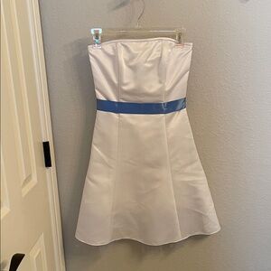 Strapless White A-Line Dress with Blue Sash